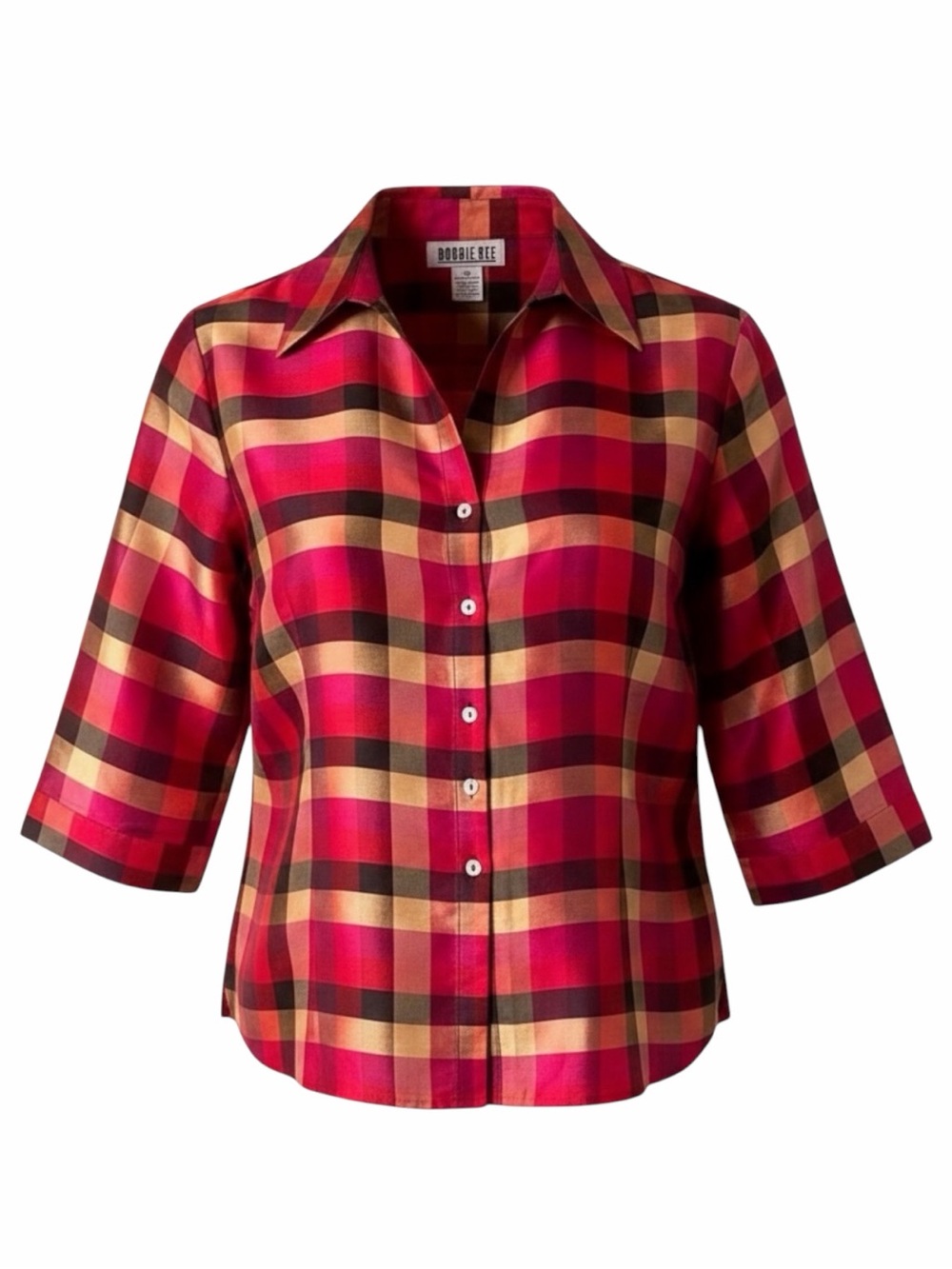 Vintage Robbie Bee 100% Silk Metallic Plaid‎ Blouse Pink Gold Red Size 12